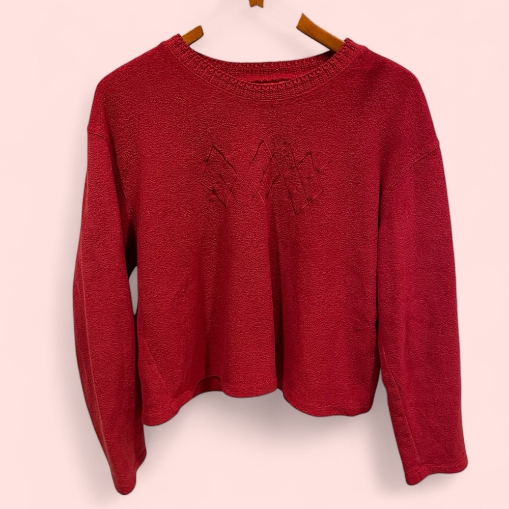 Cute vintage Liz & Co dark red argyle fleece sweater sweatshirt crop